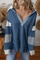 Dark Blue Striped Patchwork Collar Sweatshirt