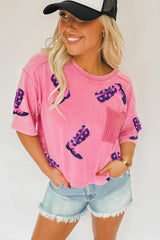 Pink Sequin Boots Graphic Patchwork Crew Neck T Shirt