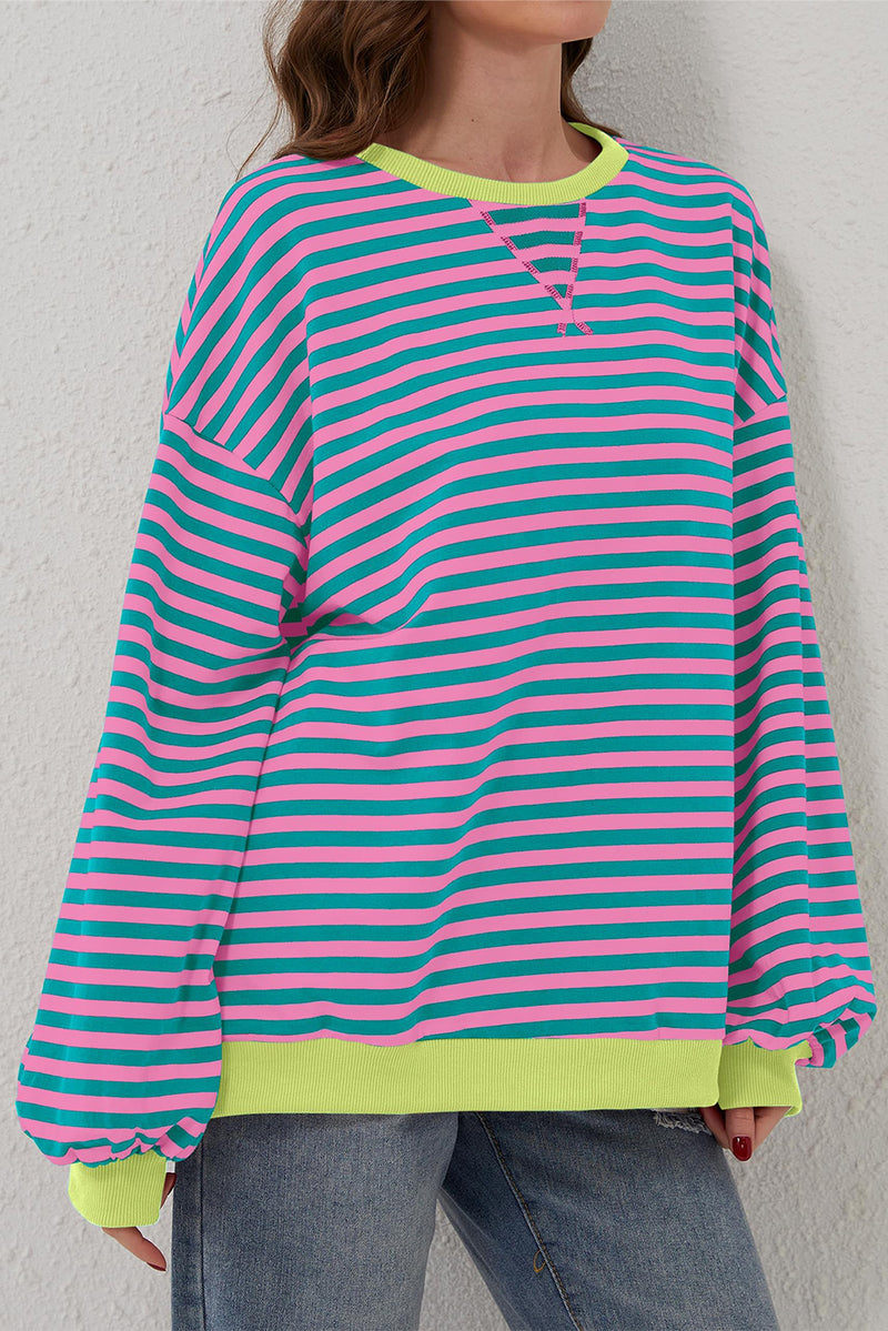 Green Stripe Contrast Edge Oversized Sweatshirt