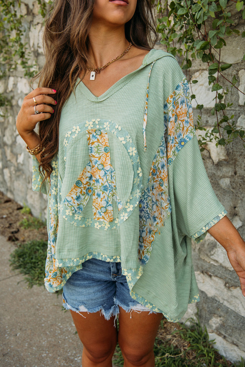 Aqua Peace Sign Floral Patchwork V Neck Batwing Sleeve Ribbed Top