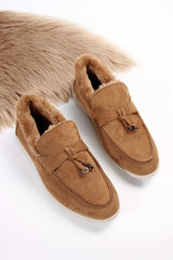 Chestnut Suede Furry Lined Slip On Flat Shoes