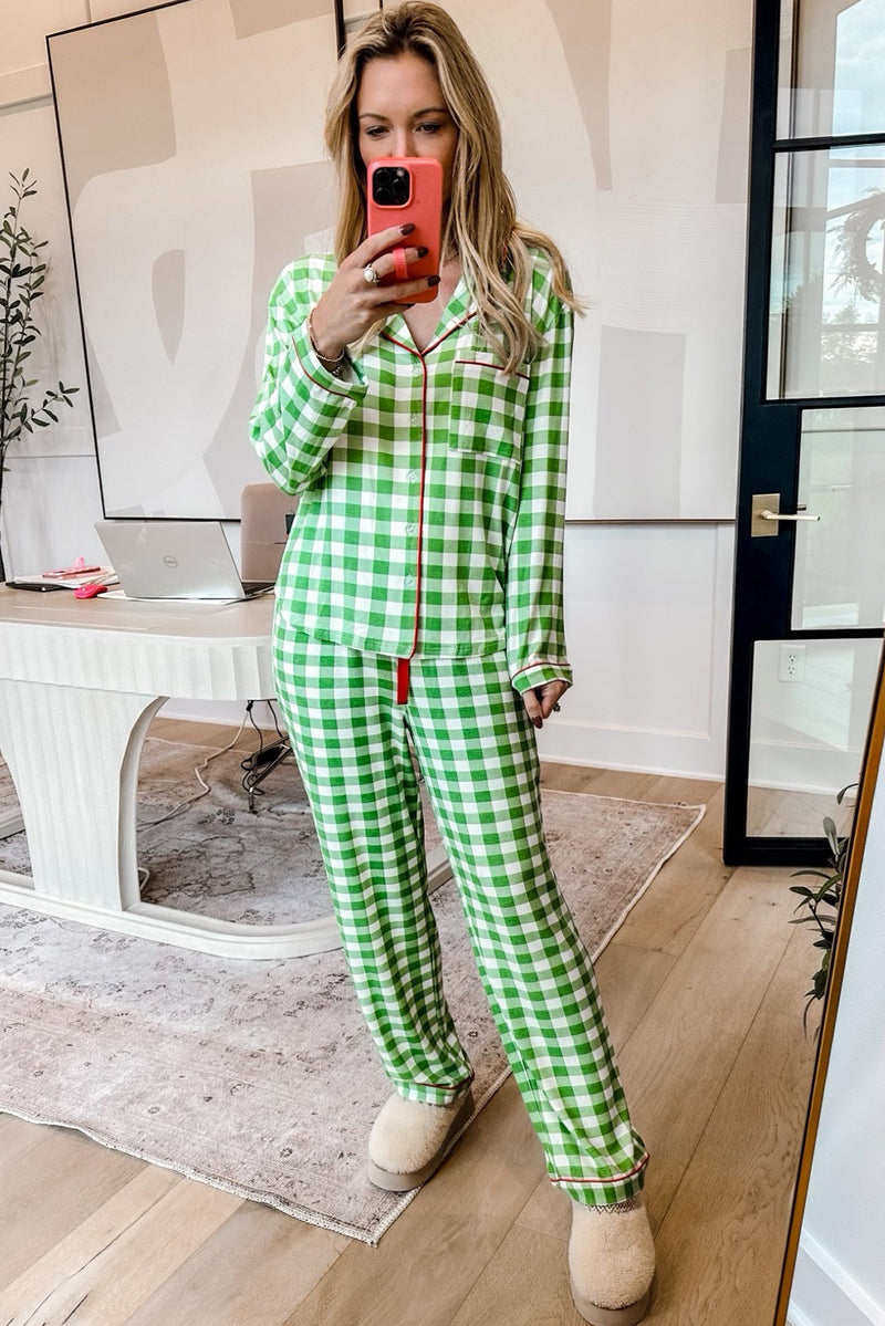 Light Green Plaid Print Shirt and Drawstring Pants Pajama Set