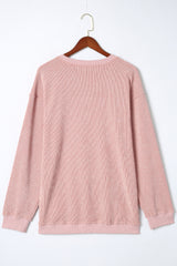 Pink Solid Ribbed Round Neck Pullover Sweatshirt