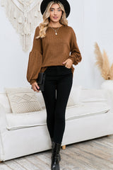 Brown Solid Color Textured Pullover Casual Long Sleeve Top