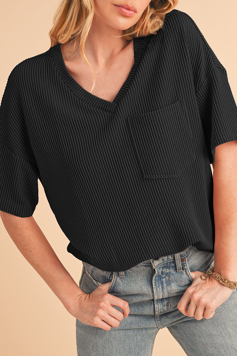 Black Ribbed V Neck Pocket Drop Sleeve T-Shirt