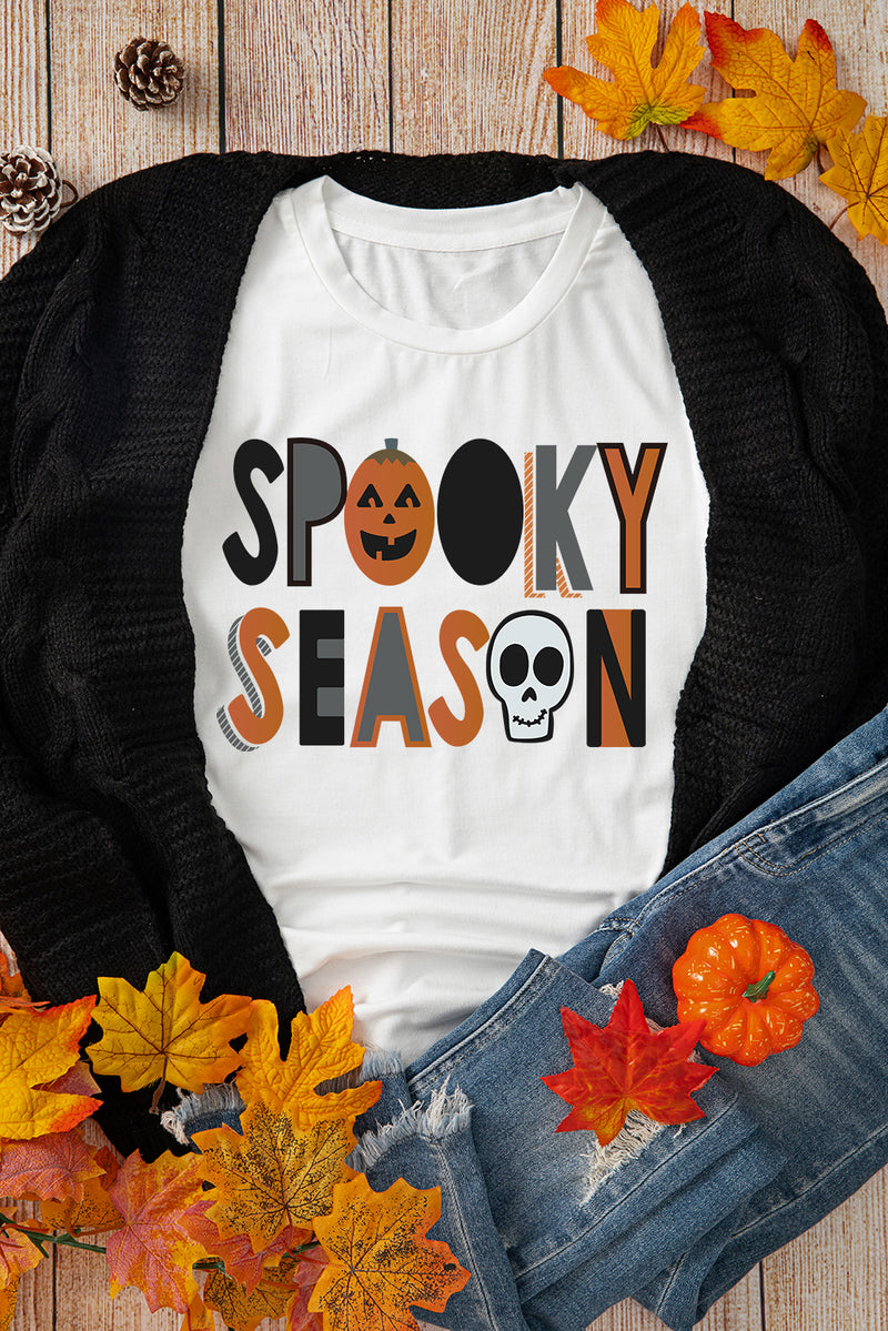 White Pumpkin Skull Floral SPOOKY SEASON Halloween T Shirt