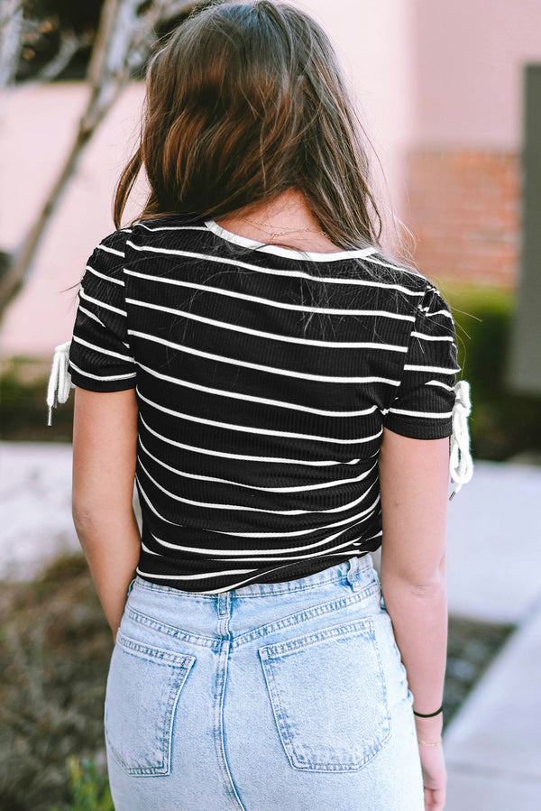 Black Striped Drawstring Sleeve Knitted T Shirt