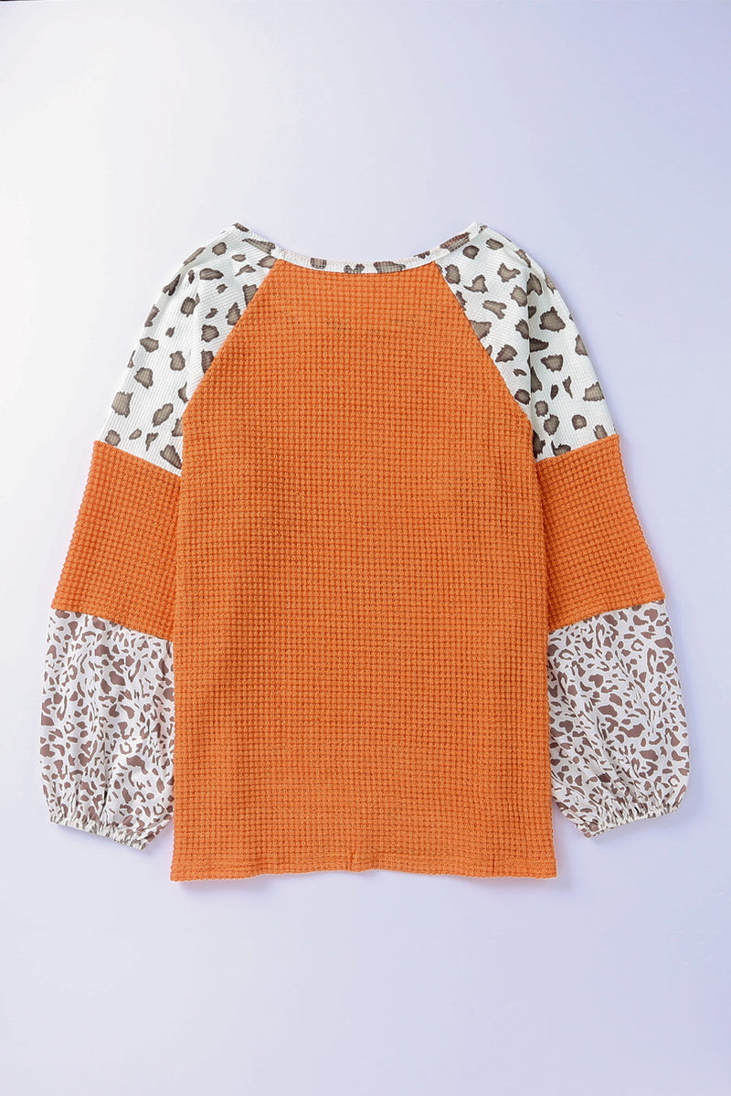 Orange Casual Waffle Leopard Patchwork Sleeve Knit Top