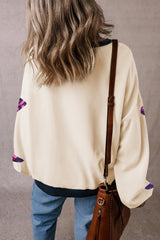 White Sequin Boots Graphic Patchwork Neck Sweatshirt