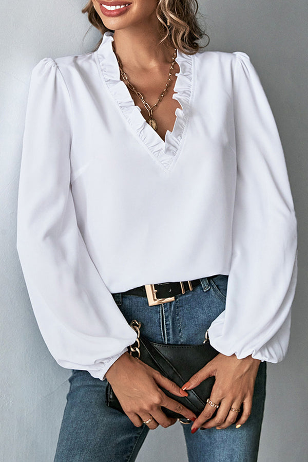 White Solid Color Ruffled V Neck Long Sleeve Shirt