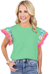 Light Green Ricrac Applique Floral Sleeve Textured Blouse