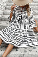 Black Striped Fringe Tie Neck Bell Sleeve V Neck Mini Dress