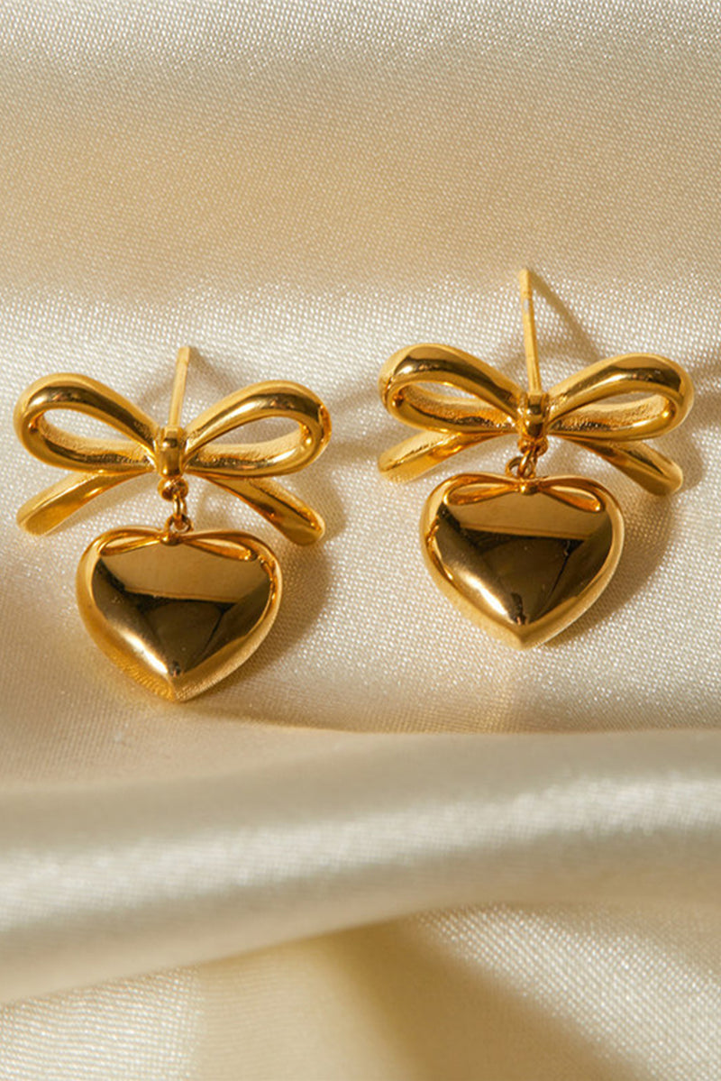 Gold Plated Valentines Heart and Bow Studded Earrings