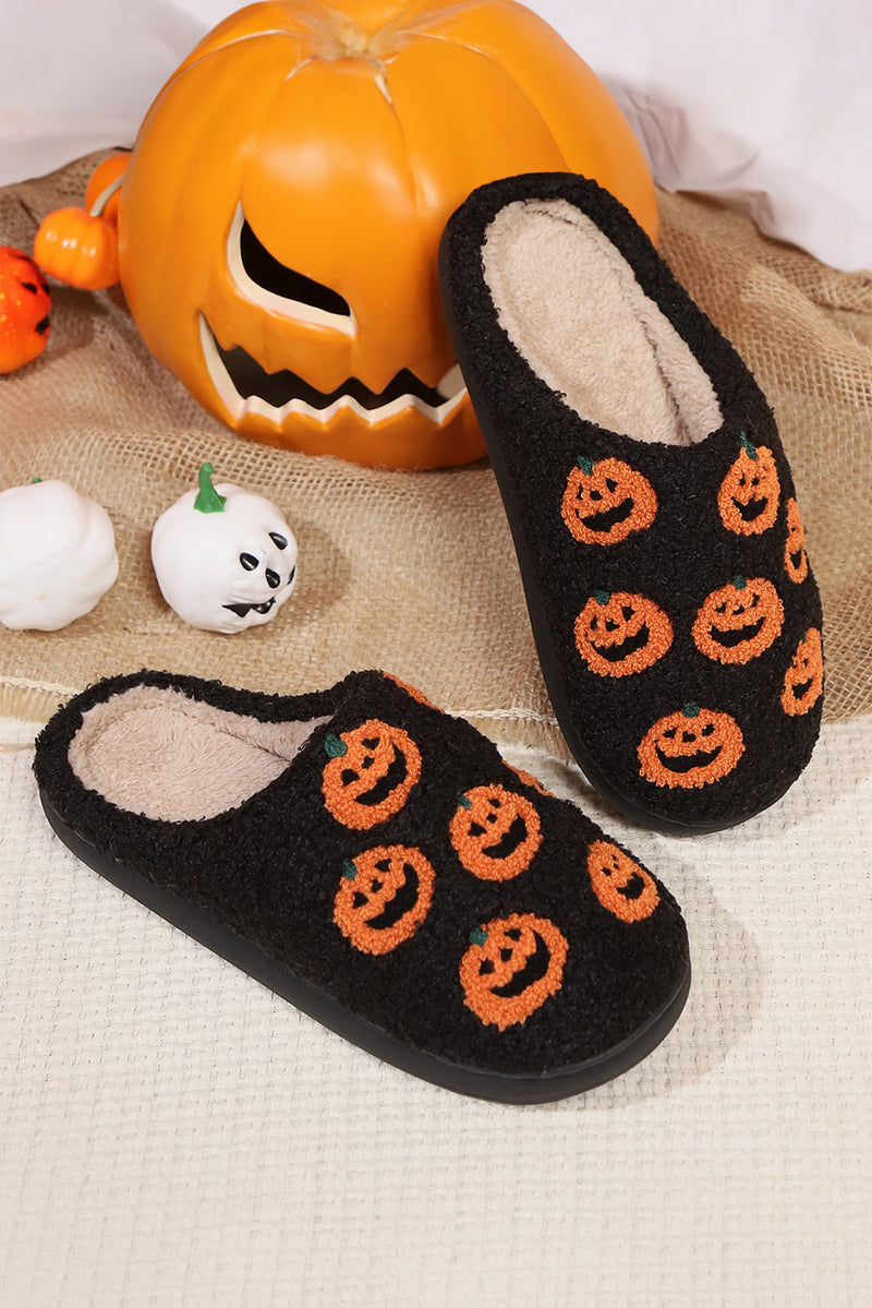 Black Halloween Pumpkin Plush Home Slippers