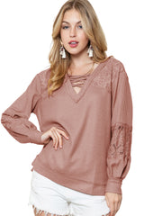 Apricot Lace and Waffle Knit Crisscross Straps V Neck Long Sleeve Top