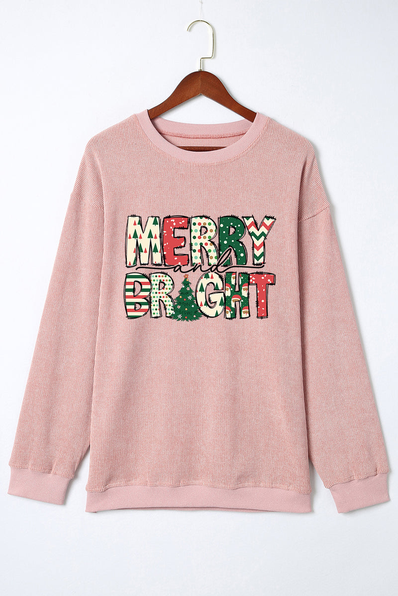 Pink MERRY and BRIGHT Christmas Tree Print Ribbed Sweatshirt