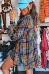 Orange Plaid Print Pocket Loose Shirt