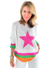 White Star Pattern Colorblock Drop Shoulder Lightweight Sweater