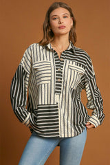 Black Striped Patchwork Button-up Long Sleeve Shirt