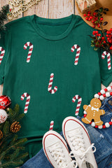 Green Christmas Candy Cane Round Neck T Shirt