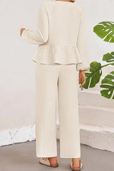 White Solid Color Front Tie Long Sleeve Top And Wide Leg Pant Set