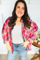 Rose Checkered Print Button-up Plus Size Shirt