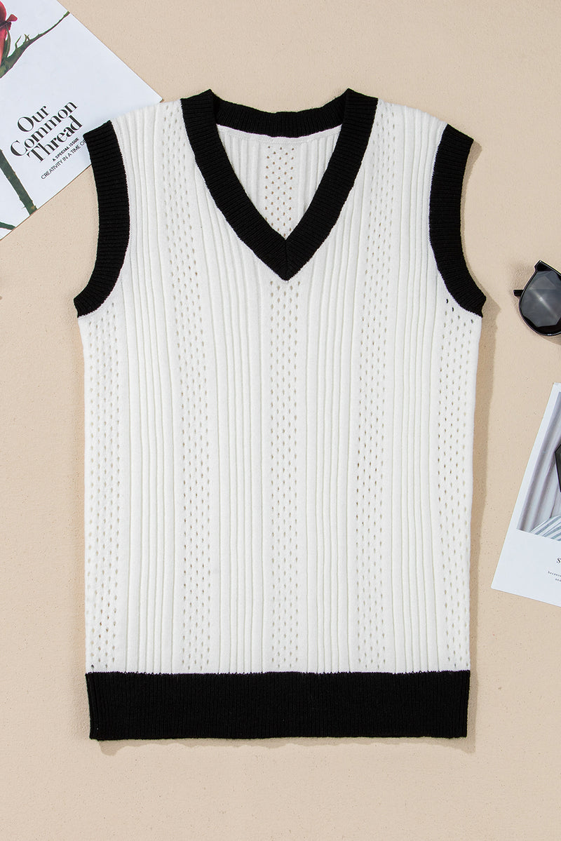 White Contrast Trim Eyelet Knit V Neck Vest