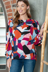 Multicolor Casual Abstract Print Puff Sleeve Blouse