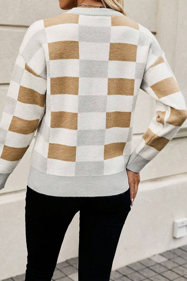 Khaki Checkered Crew Neck Drop Shoulder Knit Sweater