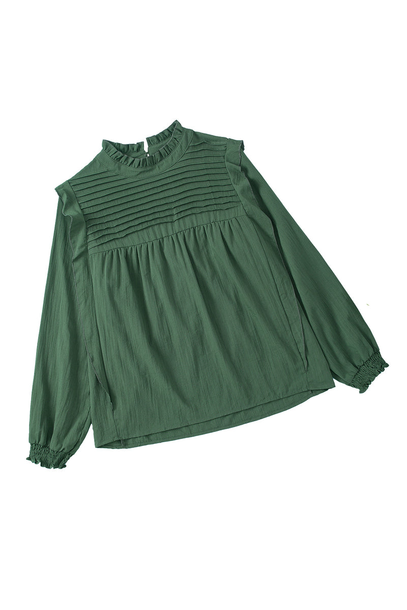 Green Ruffled Solid Color Pleated Long Sleeve Blouse