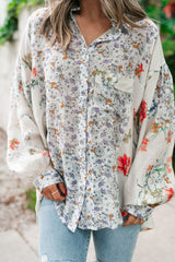 Purple Boho Floral Bishop Sleeve Button Up Loose Shirt