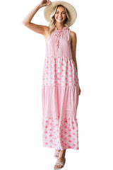 Pink Abstract Sleeveless V Neck Summer Tiered Dress