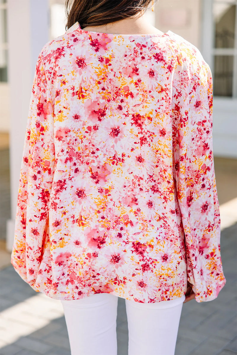 Pink Floral Print V-Neck Lantern Sleeve Blouse