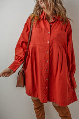 Tomato Red Bishop Sleeve Button-Up Pleated Mini Shirt Dress