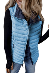 Sky Blue Plush Collared Quilted Zipped Puffer Vest