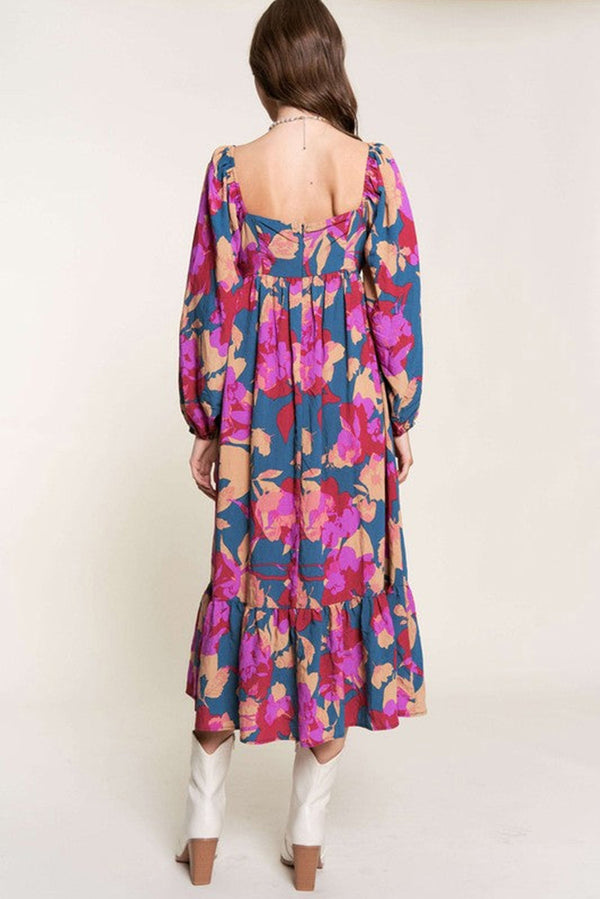 Multicolor Boho Floral Print Square Neck Ruffle Maxit Dress