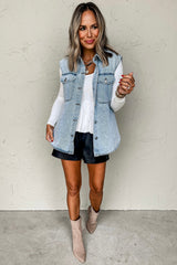 Beau Blue Flap Pocket Curved Hem Sleeveless Denim Jacket