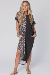 Rose Leopard Patchwork Pocket Casual T-Shirt Dress With Slits