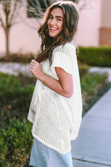 White Hollow Knit Splicing Keyhole Back Tunic Top