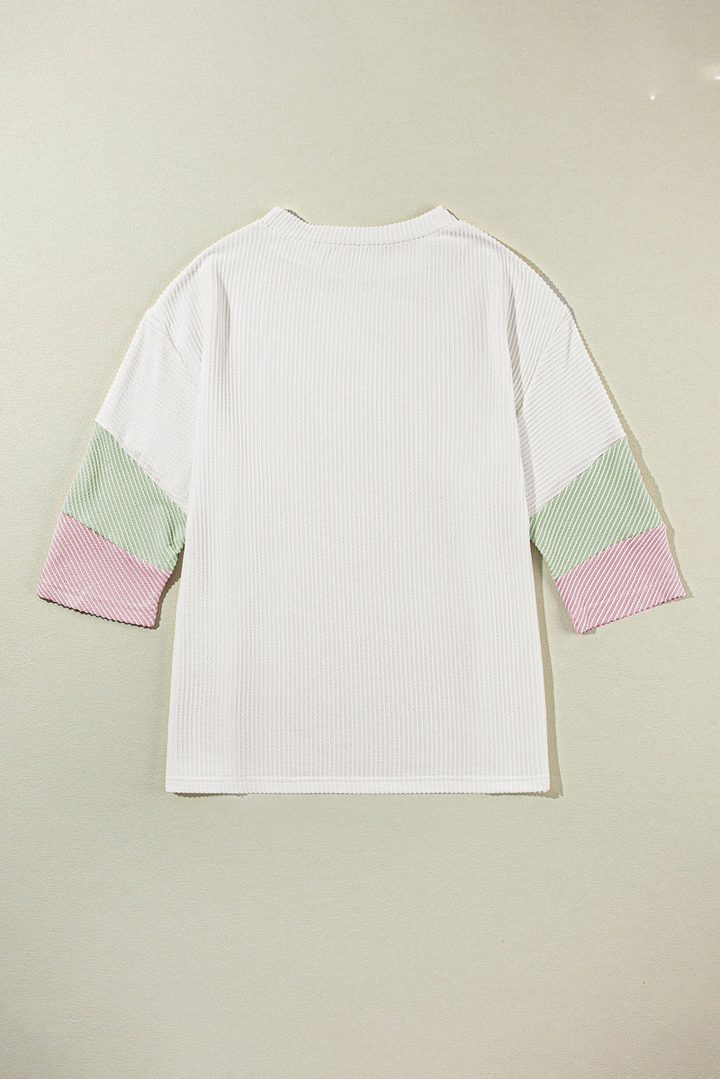 White Ribbed Colorblock Drop Sleeve Top