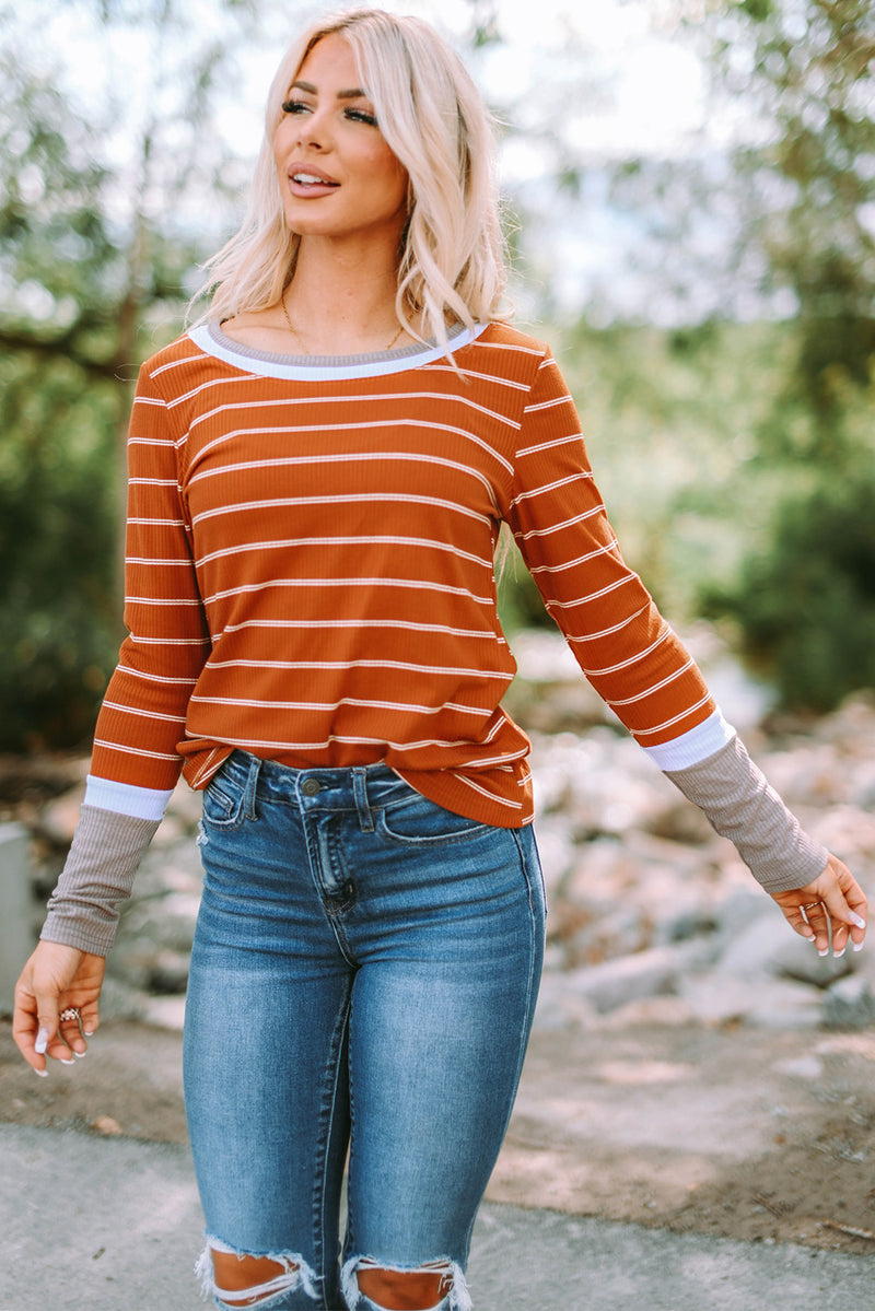 Brown Contrast Spliced Colorblock Cuffed Rib Knit Top