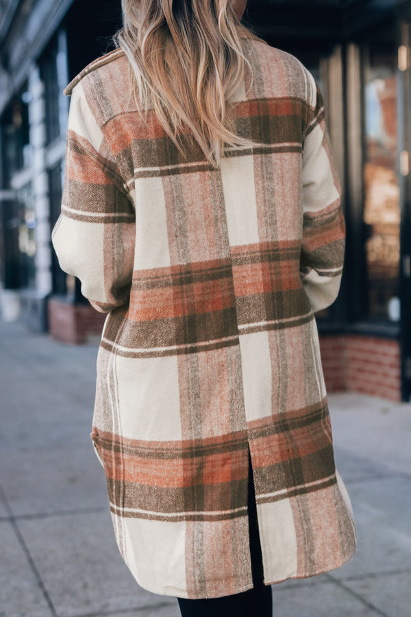 Brown Plaid Casual Button Up Flannel Long Shacket with Flap Pockets