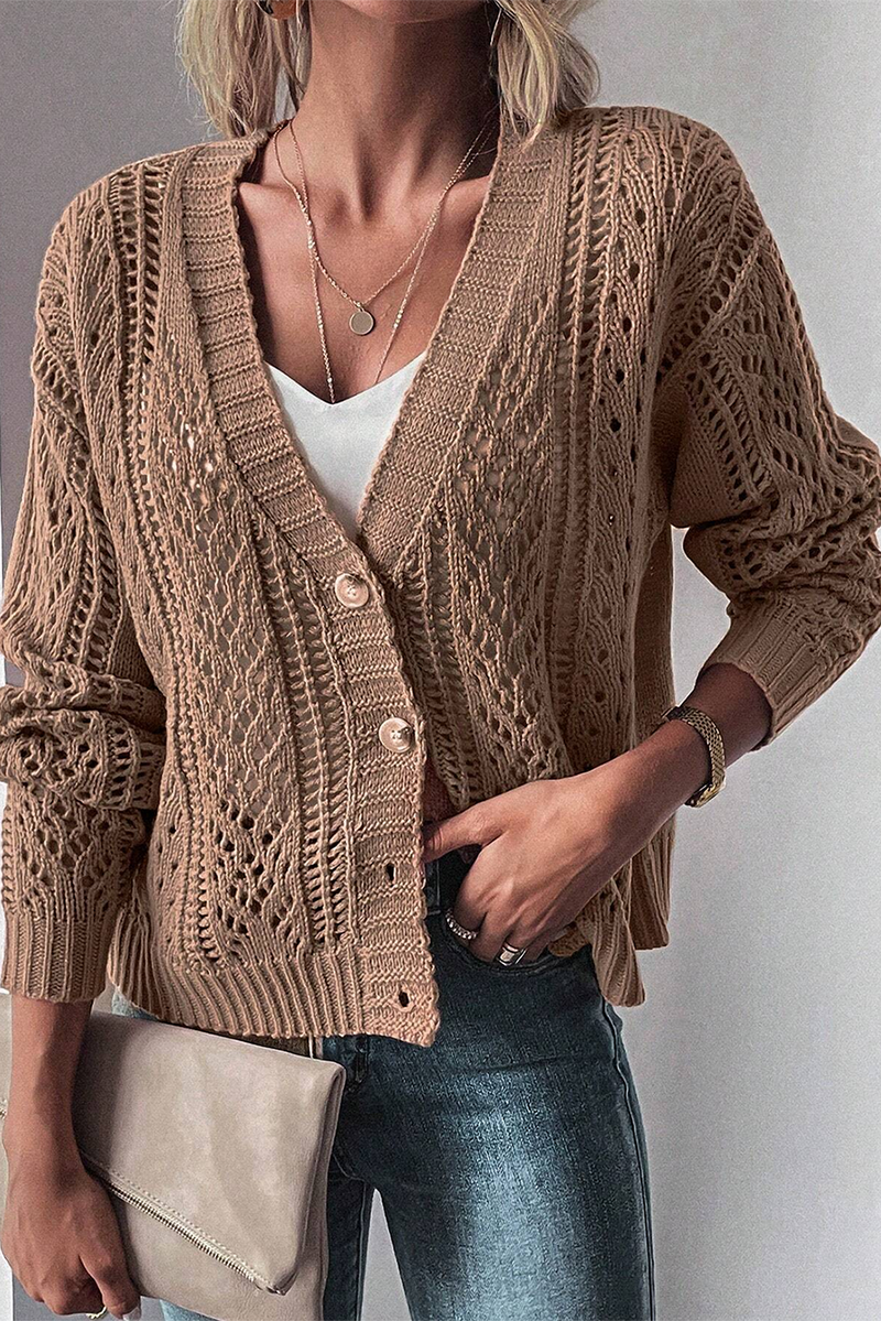 Dark Khaki Hollow Knit Drop Shoulder Cardigan