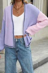 Purple Knit Color Block Open Front Cardigan