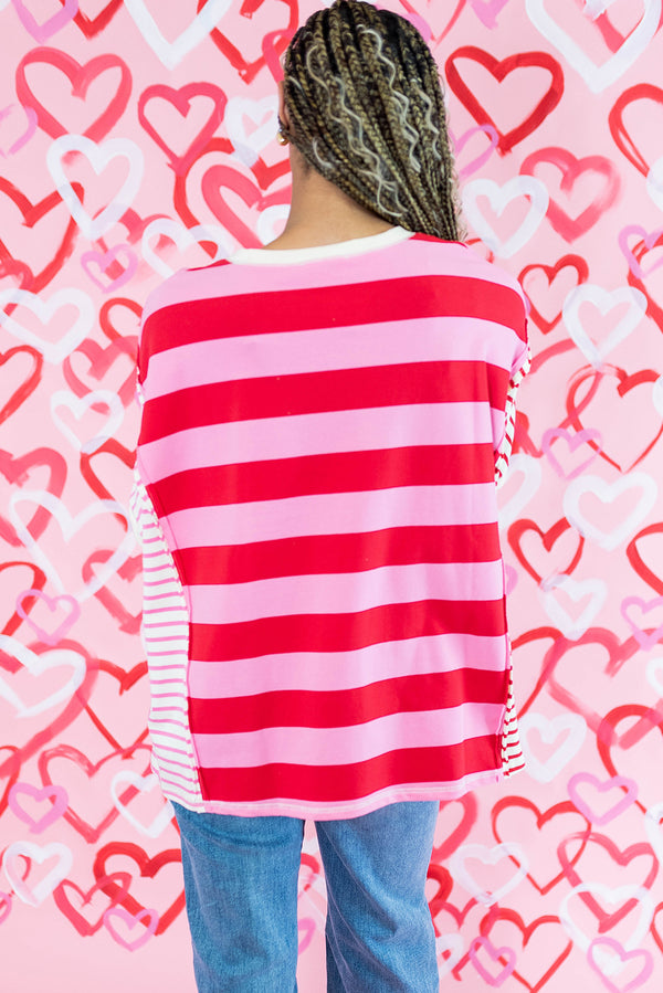 Pink Stripe Patchwork Side Split Loose T Shirt