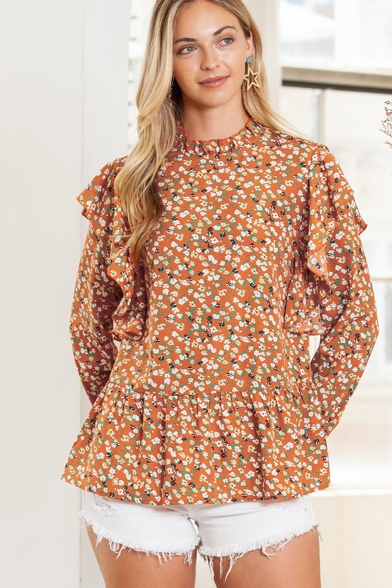 Orange Ditsy Floral Boho Ruffle Long Sleeve Blouse