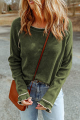 Green Textured Exposed Seam Long Sleeve Top