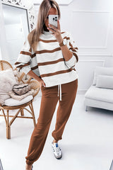 Brown Striped Drop Shoulder Pullover and Joggers Set