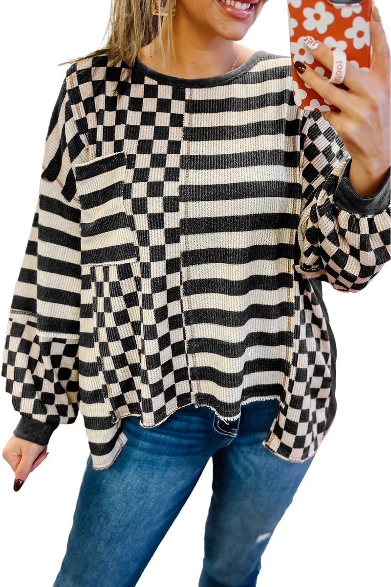 Black Checkered Striped Patchwork Lantern Sleeve Top