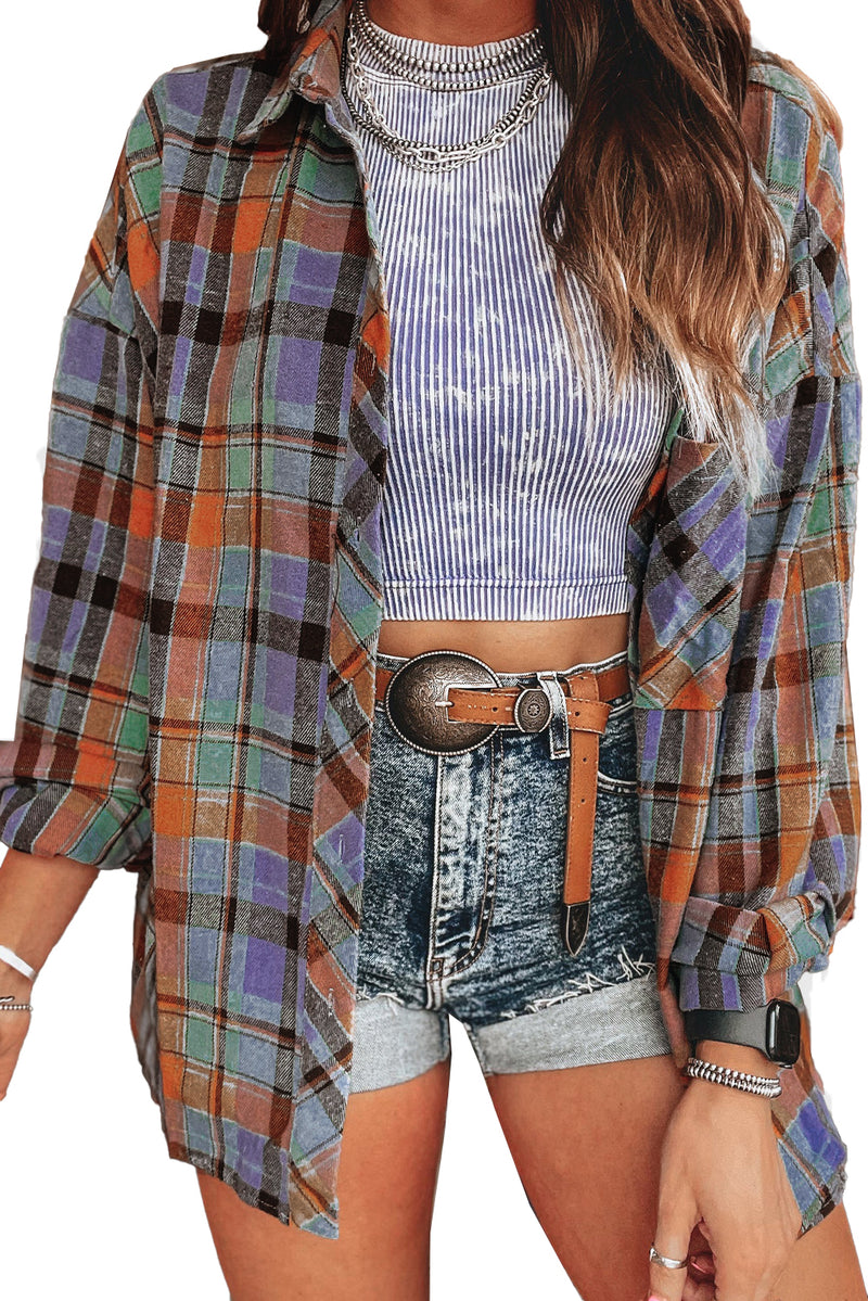 Orange Plaid Print Pocket Loose Shirt